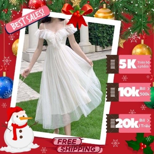 Đầm Nữ 2 Dây Trễ Vai Đan Dây Tầng Hai Lớp Lưới Xoè Màu Trắng Ulzzang Tiểu Thư Dự Tiệc Sang Chảnh LiVi Bigsize 38 - 70kg