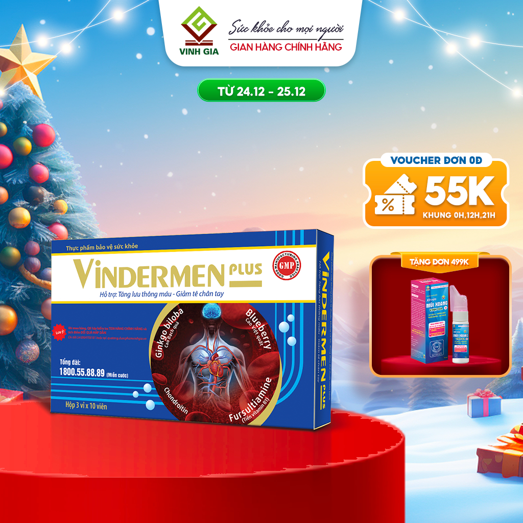 Viên Uống Vindermen Plus VINH GIA Giúp Tăng Cường Lưu Thông Máu, Giảm Tê Bì Tay Chân, Đau Mỏi Vai Gáy Hộp 30 Viên