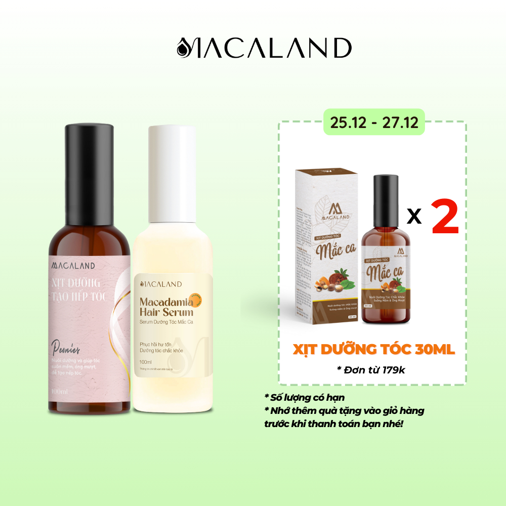 Combo Xịt giữ nếp tóc lưu hương và Tinh dầu dưỡng tóc hạt Mắc Ca MACALAND 100ml không lo hư tổn, dưỡng tóc chắc khỏe