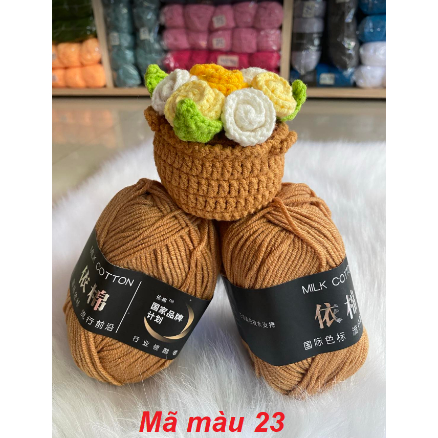Len khuyến mãi giảm giá, màu 1-50 Milk Cotton MAC ĐEN 50 gr, mềm mịn loại 1, sản phẩm ưa thích cho người mới tập móc.