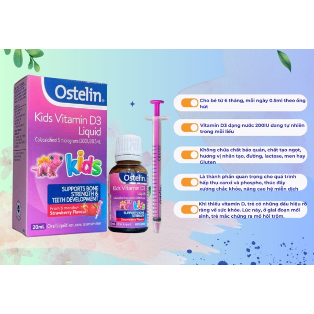 Vitamin D3 dạng nước 200IU cho bé từ 6 tháng Ostelin Kids Liquid 20ml của Úc giúp tránh còi xương suy dinh dưỡng ở trẻ