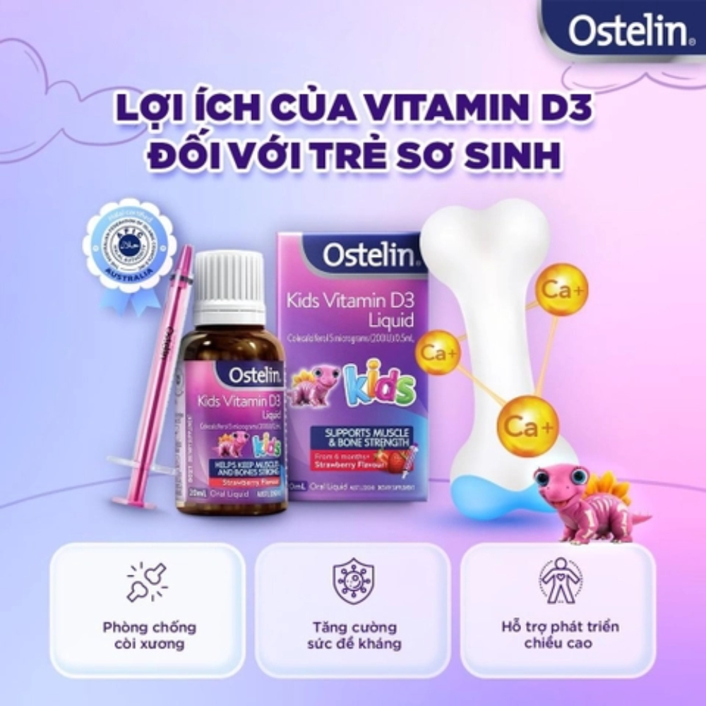 Vitamin D3 dạng nước 200IU cho bé từ 6 tháng Ostelin Kids Liquid 20ml của Úc giúp tránh còi xương suy dinh dưỡng ở trẻ