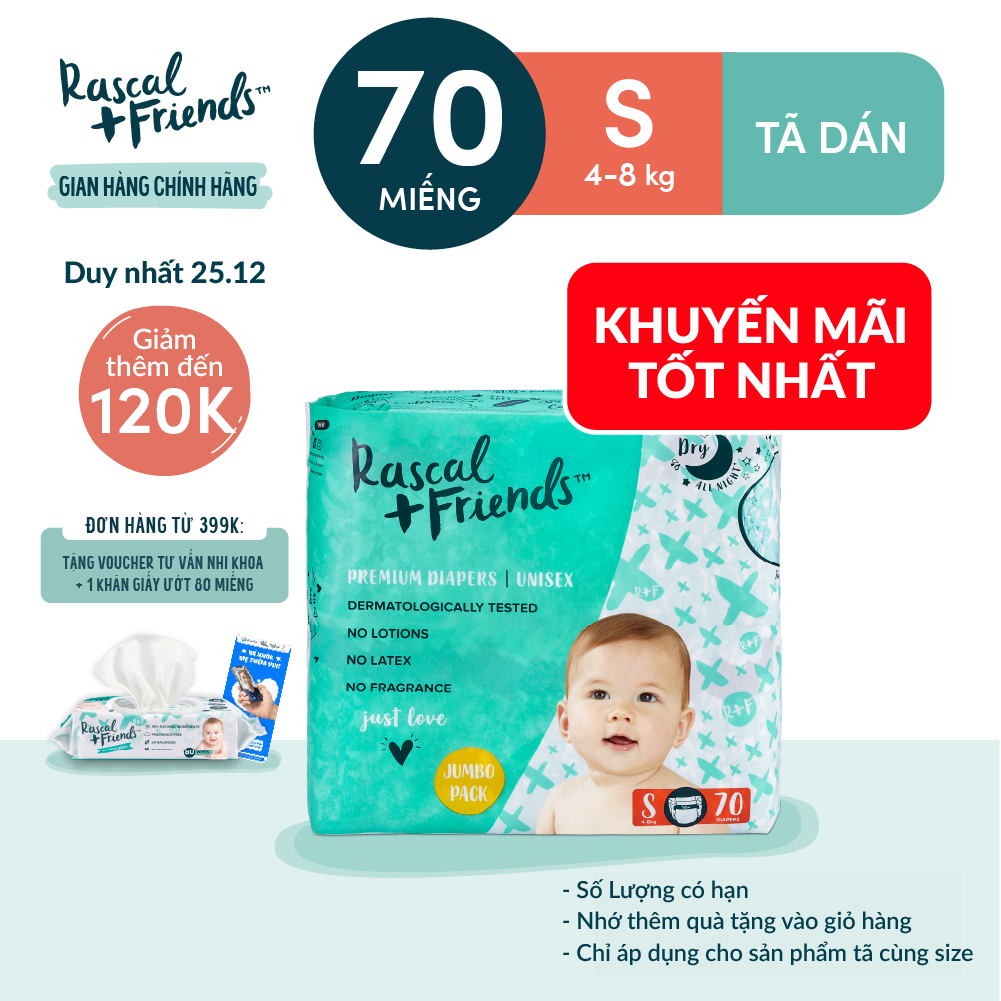 Tã/Bỉm Dán Rascal + Friends Size S (4-8kg) 70 miếng