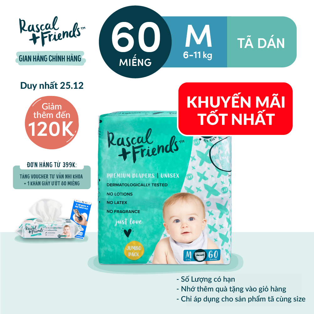 Tã/Bỉm Dán Rascal + Friends Size M (6-11kg) 60 miếng