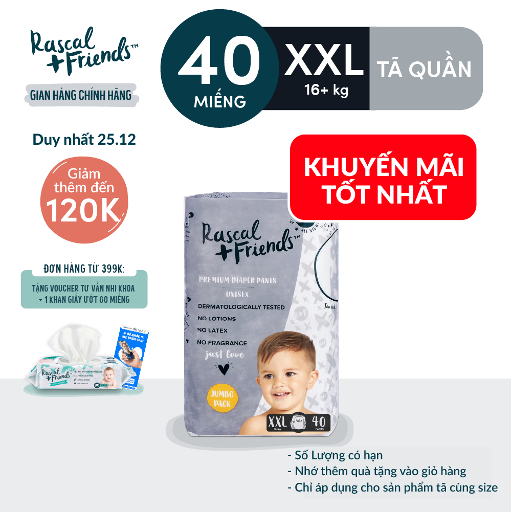 Tã/Bỉm Quần Rascal + Friends Size XXL (trên 16kg) 40 miếng