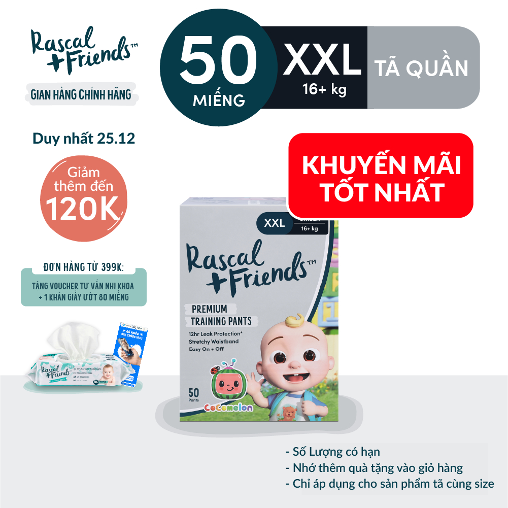 Tã/Bỉm Quần Rascal + Friends Cocomelon Size XXL (>16kg) 50 miếng - Kèm sticker ngẫu nhiên
