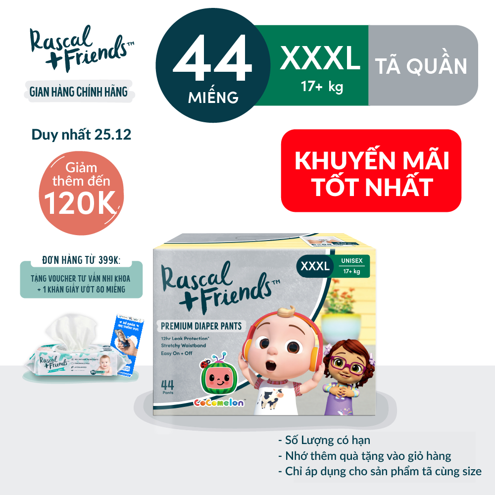 Tã/Bỉm Quần Rascal + Friends Cocomelon Size XXXL (>17kg) 44 miếng - Kèm sticker ngẫu nhiên