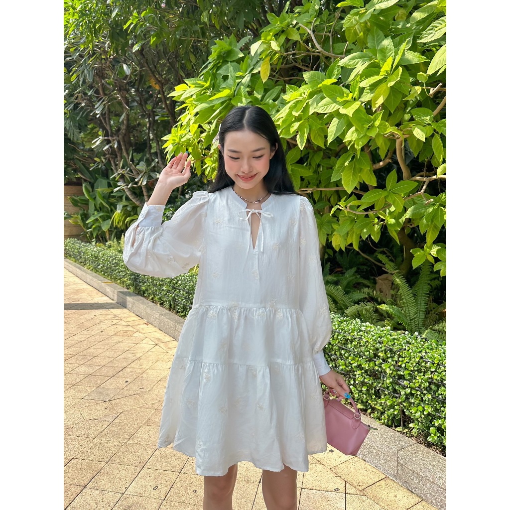 Đầm Babydoll dáng xoè tay dài nơ cổ LADONNA DRESS