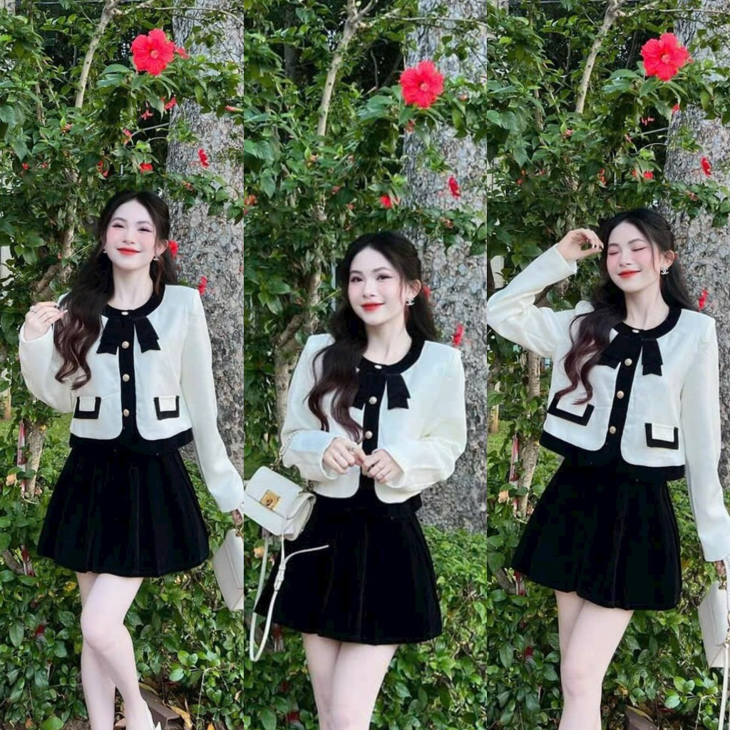 Set váy thời trang nữ,KÈM HÌNH THẬT Set ÁO TAY DÀI phối nơ chân váy NHUNG phong cách Hàn quốc siêu xinh shop ngô fashion | BigBuy360 - bigbuy360.vn