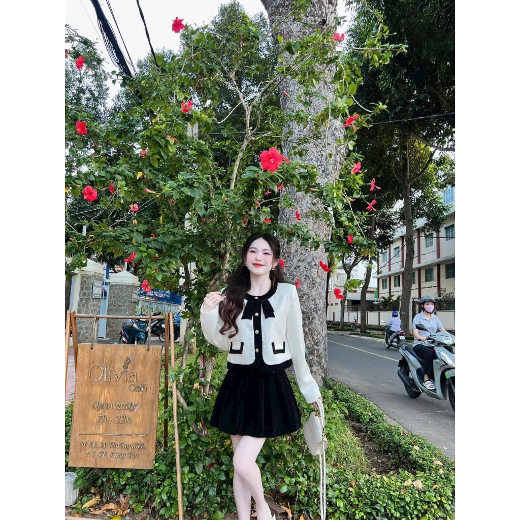 Set váy thời trang nữ,KÈM HÌNH THẬT Set ÁO TAY DÀI phối nơ chân váy NHUNG phong cách Hàn quốc siêu xinh shop ngô fashion | BigBuy360 - bigbuy360.vn