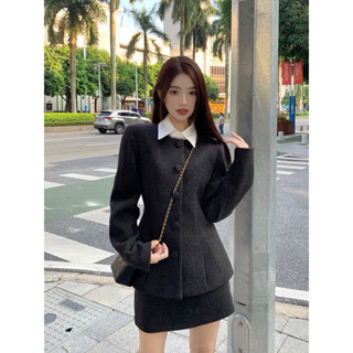 Set Dạ Len Đốm Tiêu Hai Lớp Dày Dặn Cúc Bọc Vải Phối Chân Váy Dáng A Có Lớp Lót A28