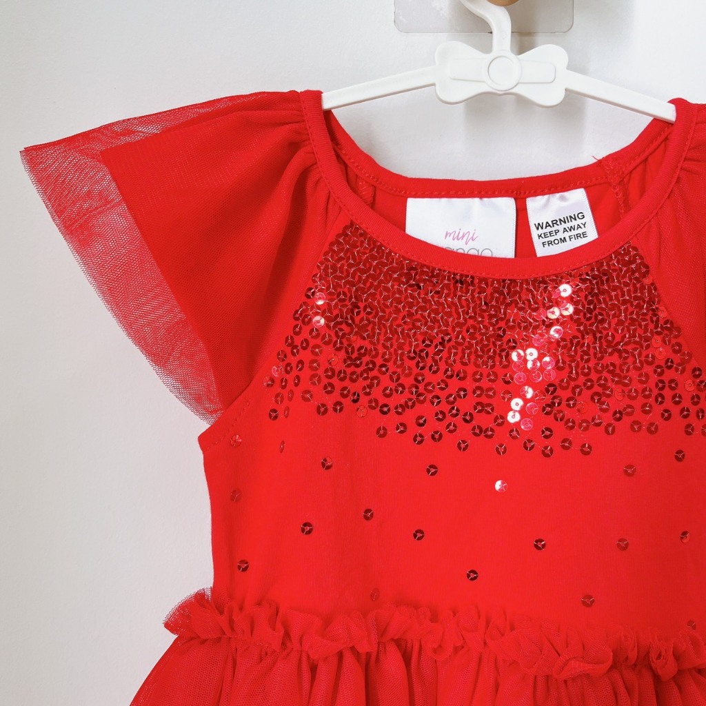 Đầm tutu đỏ cho bé gái 1-7T Mini Mango váy voan đính sequin đầm lễ hội giáng sinh tết cho bé gái váy đầm bé gái xuất dư