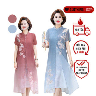 Váy Trung Niên Nữ, Đầm Đi Tiệc Cho Mẹ TK Xẻ Tà 3 Lớp In Hoa 3D Cao Cấp | Thời Trang NP CLOTHING U50