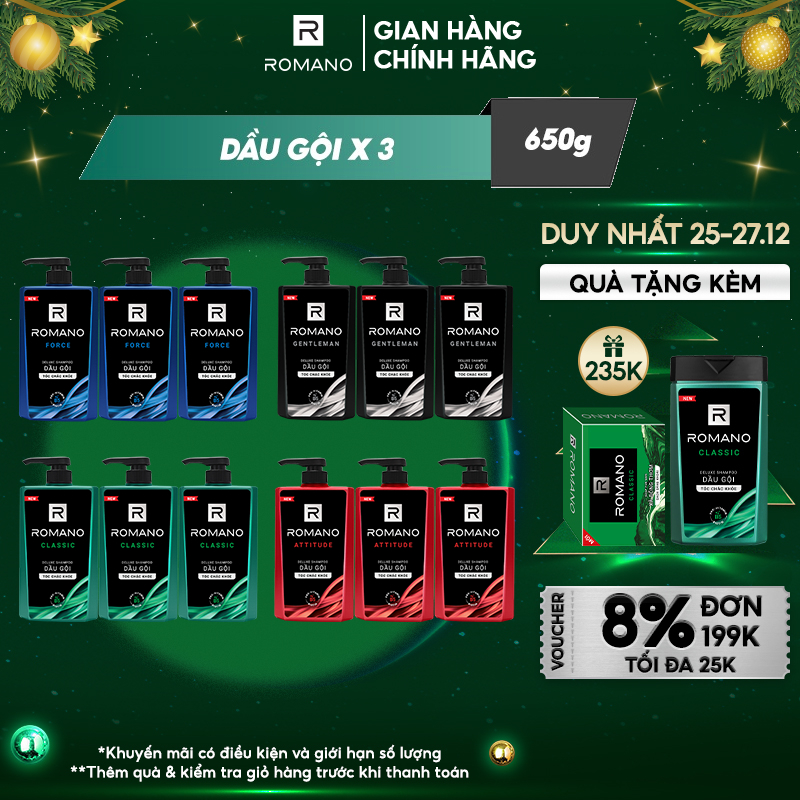 Combo 3 Dầu gội nam Romano hương nước hoa Classic/ Force/ Attitude/ Gentleman 650g/chai - 4 mùi hương có sẵn