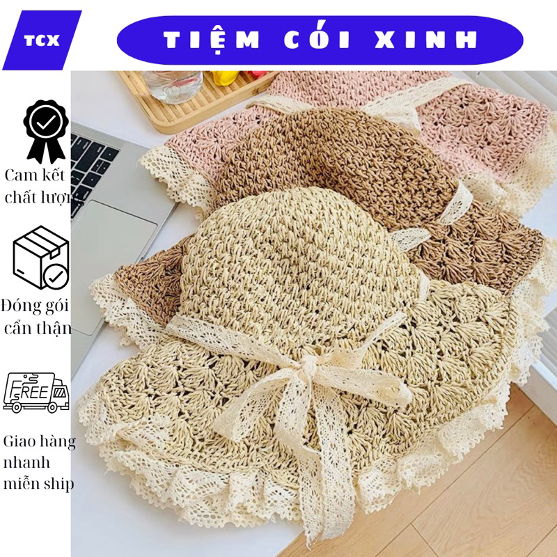 Mũ cói vành rộng viền ren to dày dày dặn cao cấp phom đẹp nét, nón cói tiểu thư đi biển vintage