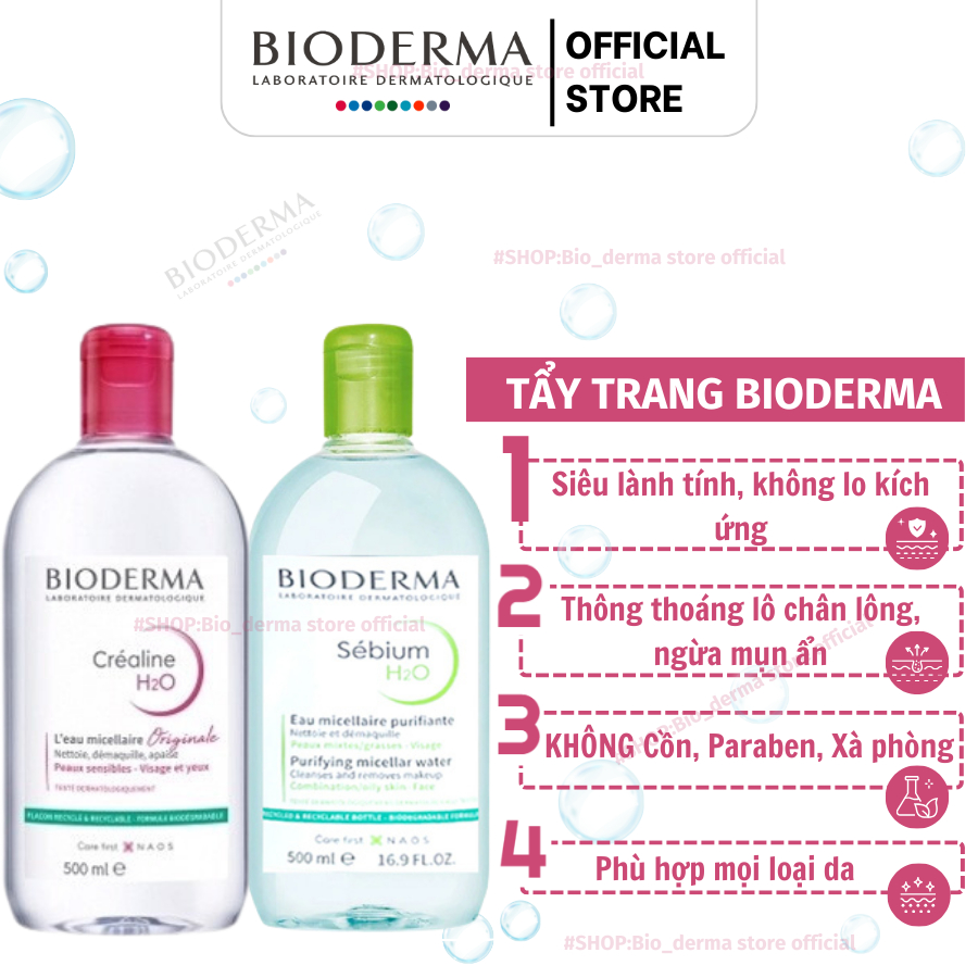 Nước tẩy trang Bioderma 500ml làm sạch sâu, dưỡng ẩm, dịu nhẹ, lành tính phù hợp cho mọi loại da