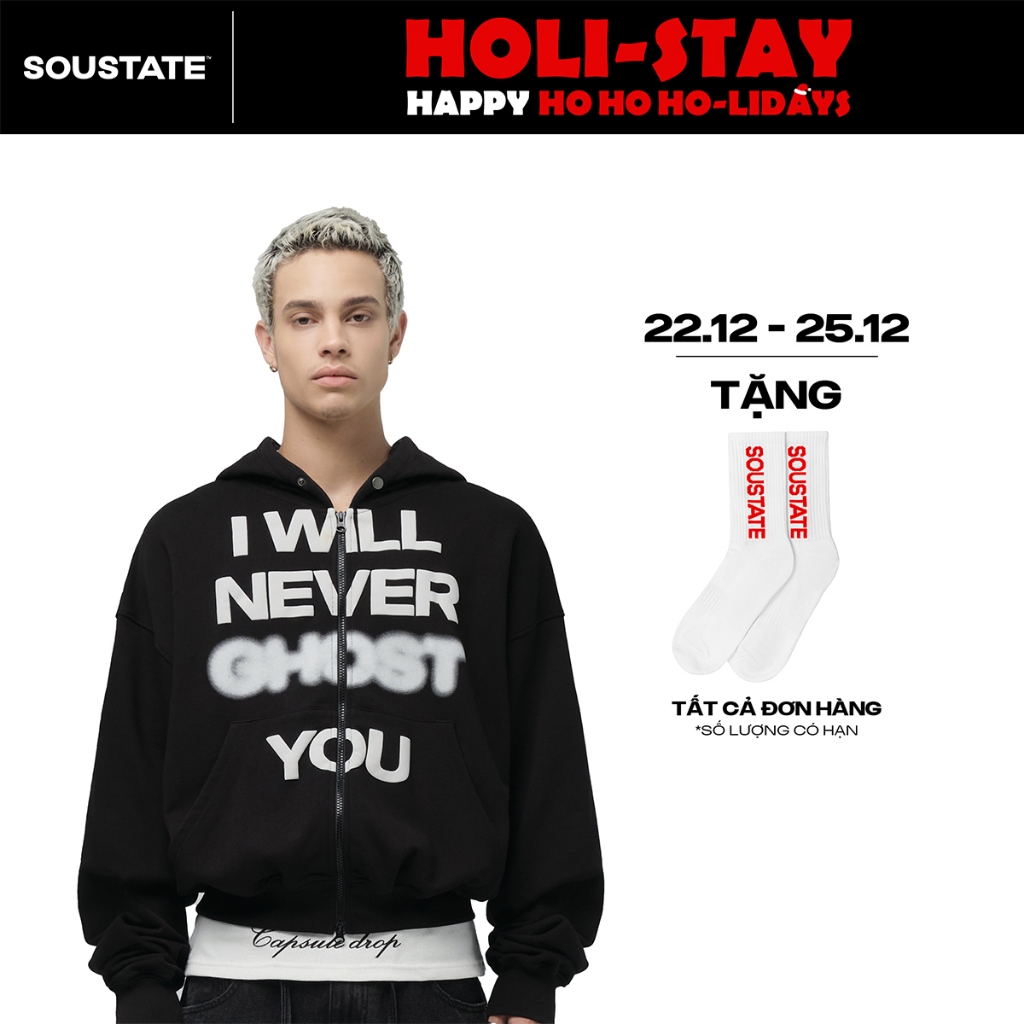 Áo Hoodie Full Zip Boxy SOUSTATE "Ghost" (Đen)