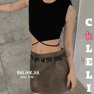 Áo croptop vạt nhọn cột dây chất thun tăm gân - coleli
