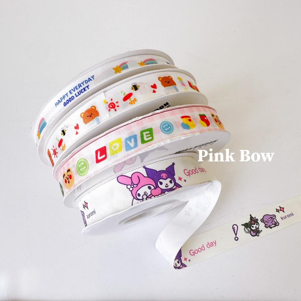 Cuộn Dây ruy băng 1cm/ 10ly in hình con Gấu cute/ HappyDay đủ màu sắc Pastel dùng Gói Hoa/ Trang trí quà tặng/ Cột tóc
