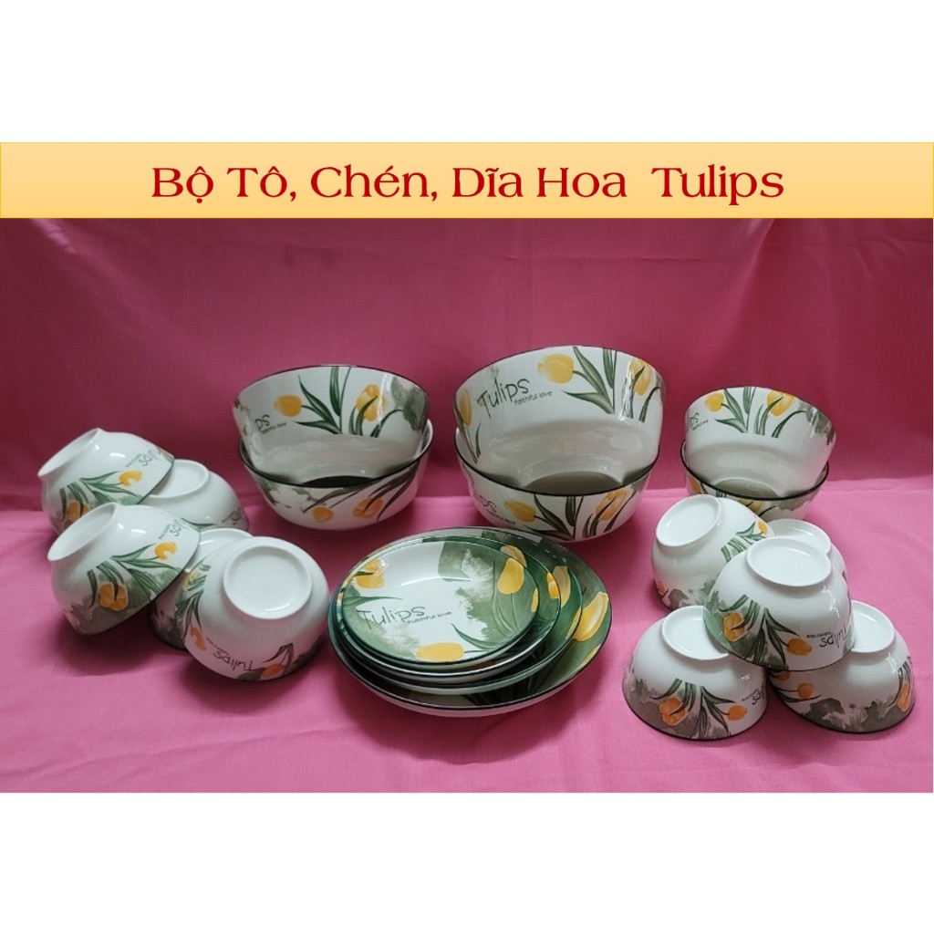 BỘ TÔ, CHÉN, ĐĨA GỐM SỨ 4D HỌA TIẾT HOA TULIPS  