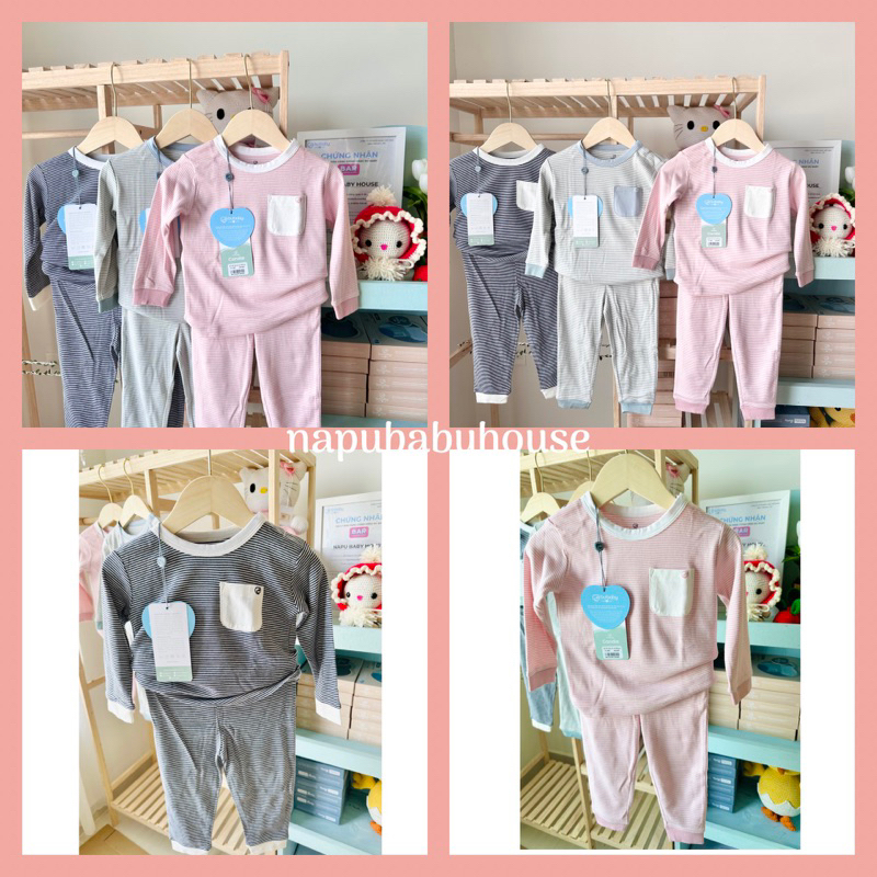 Bộ quần áo dài tay cài vai quần dài BU Baby hoạ tiết kẻ sọc ngang vải sợi tre nhiều size cho bé