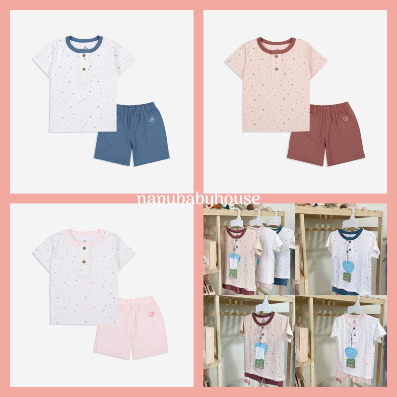 Bộ quần áo BU Baby ngắn tay cổ trụ vải sợi tre hoạ tiết Twinkle Star - chính hãng