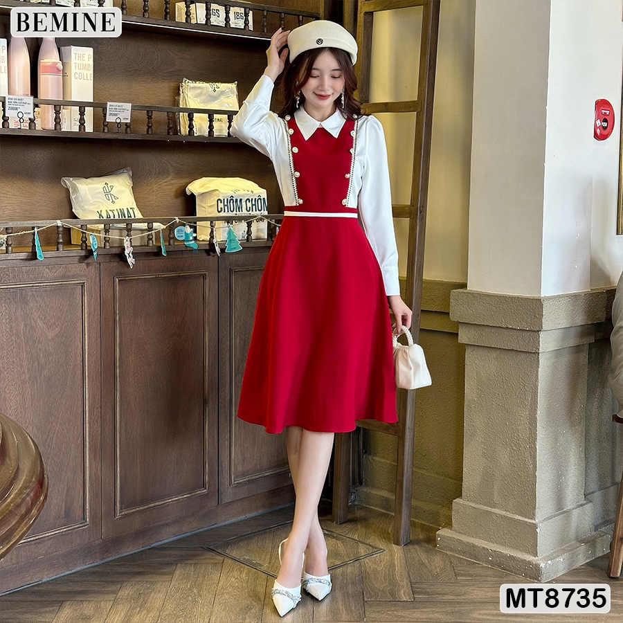 Đầm thiết kế phối tay dài đính nút tùng xoè BEMINE MT8735