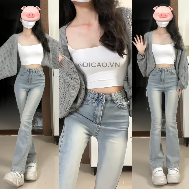 TÁCH SET ÁO LEN MỎNG XÁM + QUẦN JEAN TRƠN PHONG CÁCH HÀN QUỐC