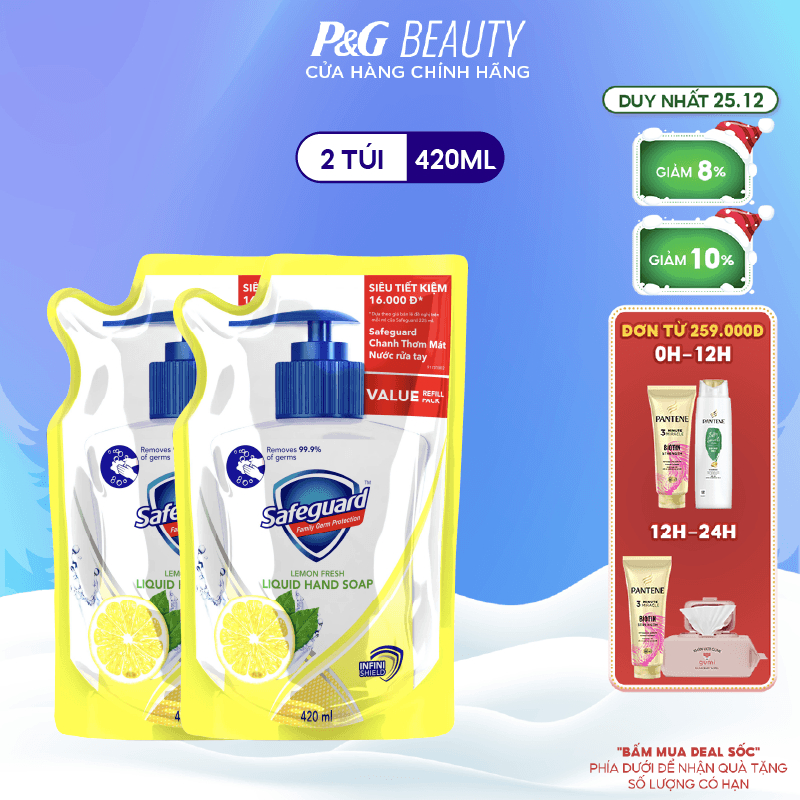 Combo 2 Nước Rửa Tay SAFEGUARD Sạch 99,9% Vi Khuẩn & Dịu Nhẹ Cho Da Túi 420ml Chanh Tươi Mát