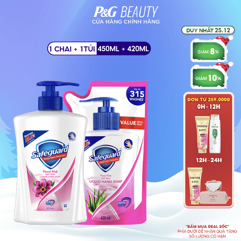 Combo 2 Nước Rửa Tay SAFEGUARD Sạch 99,9% Vi Khuẩn & Dịu Nhẹ Cho Da Chai 450ml & Túi 420ml Hoa Hồng Lô Hội