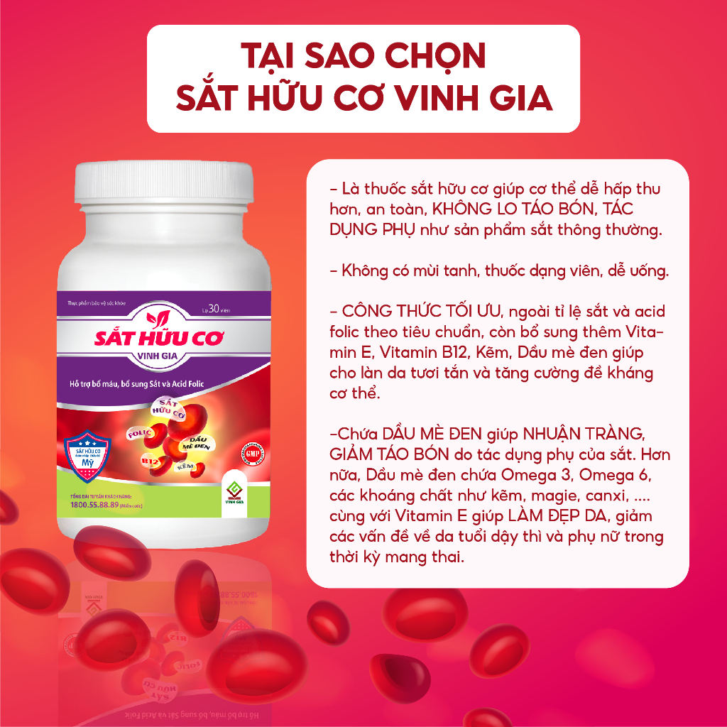 Viên Uống Bổ Sung Sắt Hữu Cơ VINH GIA Giảm Tình Trạng Thiếu Máu, Tăng Khả Năng Hấp Thụ Sắt Dùng Cho Mọi Lứa Tuổi 30 Viên