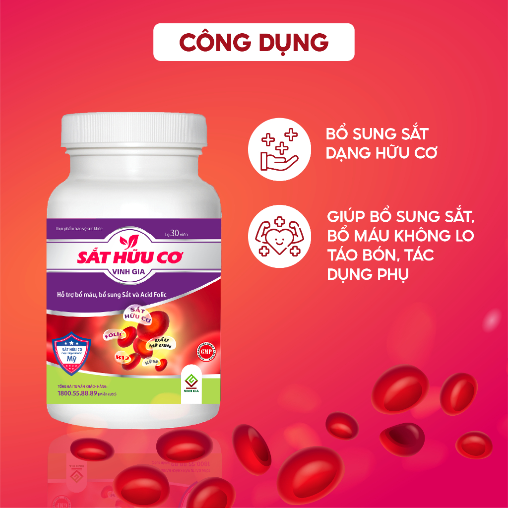 Viên Uống Bổ Sung Sắt Hữu Cơ VINH GIA Giảm Tình Trạng Thiếu Máu, Tăng Hấp Thụ Sắt Hộp 30 Viên