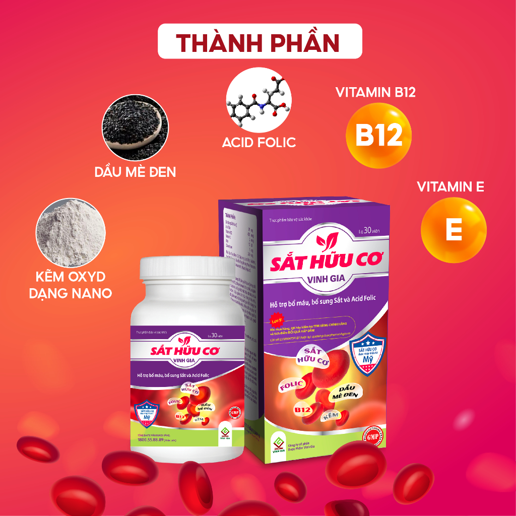 [Combo 3 Tặng 1] Viên Uống Bổ Sung Sắt Hữu Cơ VINH GIA Giảm Tình Trạng Thiếu Máu, Tăng Hấp Thụ Sắt Hộp 30 Viên