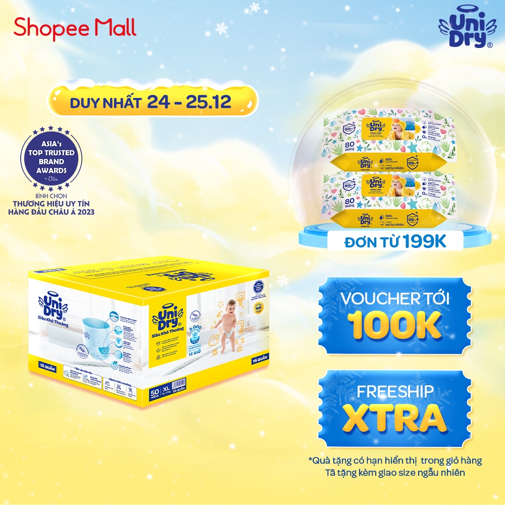 Tã quần UniDry Siêu khô thoáng mới size M/L/ XL/XXL - thùng 50 miếng