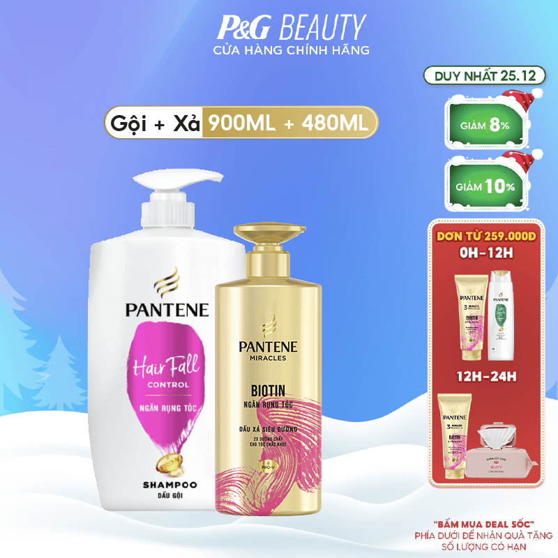 Combo Ngăn Rụng Tóc Pantene: Dầu gội 900ml + Kem xả 3MM 480ml