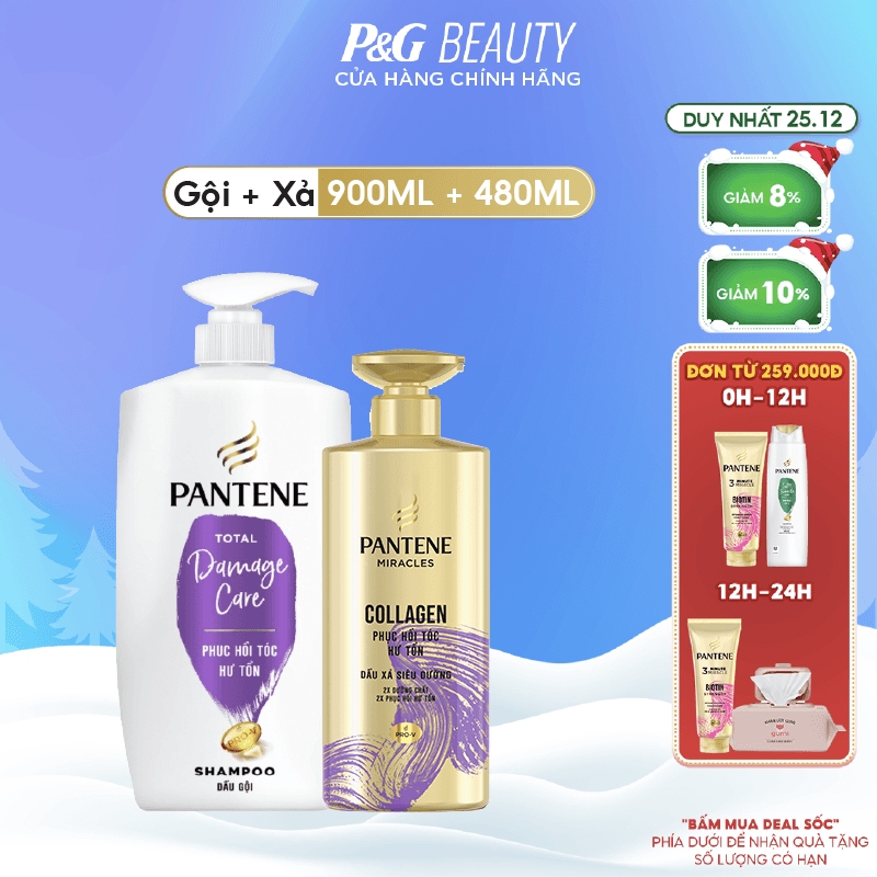 Combo Pantene Phục Hồi Hư Tổn: Dầu gội 900ml + Kem xả 3MM 480ml