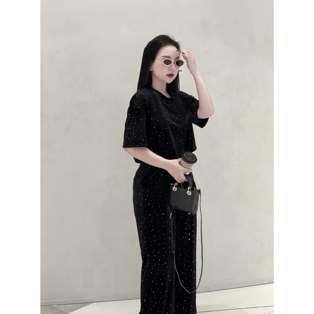 Bộ nhung croptop đính đá dài tay quần short đùi LD456