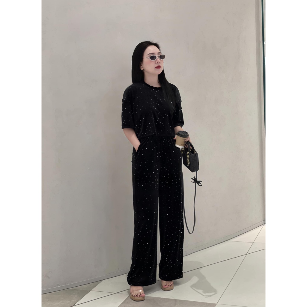 Bộ nhung croptop đính đá dài tay quần short đùi LD456