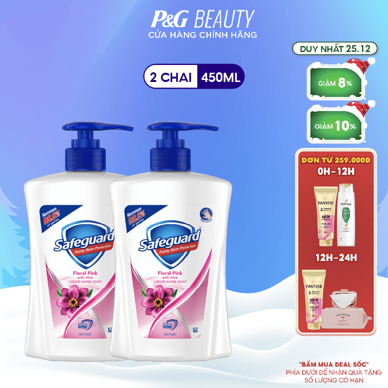Combo 2 Nước Rửa Tay SAFEGUARD Sạch 99,9% Vi Khuẩn & Dịu Nhẹ Cho Da Chai 450ml Hoa Hồng Lô Hội