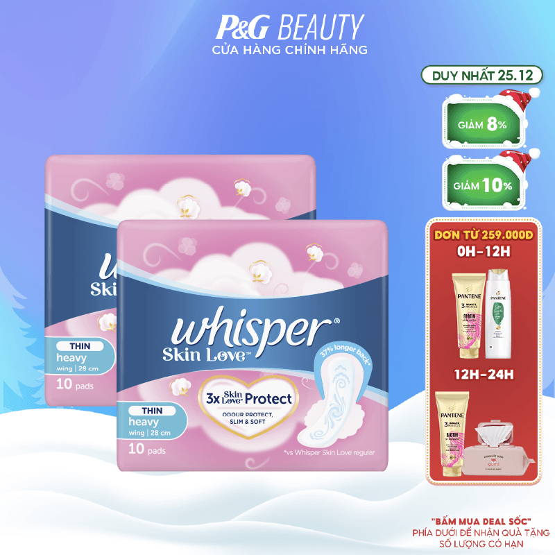 Combo 2 Gói Băng Vệ Sinh WHISPER Skin Love 28CM Dành Cho Ngày Nhiều Và Đêm