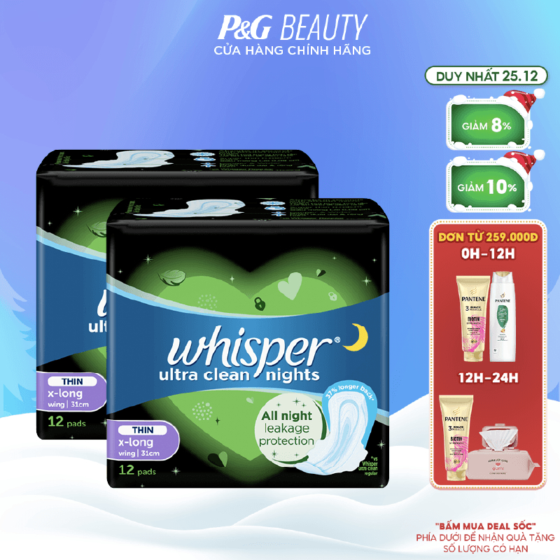 Combo 2 Gói Băng Vệ Sinh WHISPER Siêu Mỏng Có Cánh 31CM Dành Cho Ban Đêm
