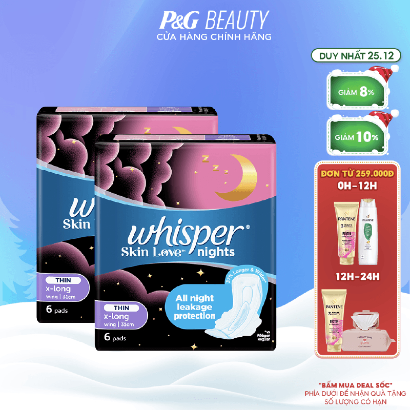 Combo 2 Gói Băng Vệ Sinh WHISPER Skin Love 31CM Dành Cho Ban Đêm