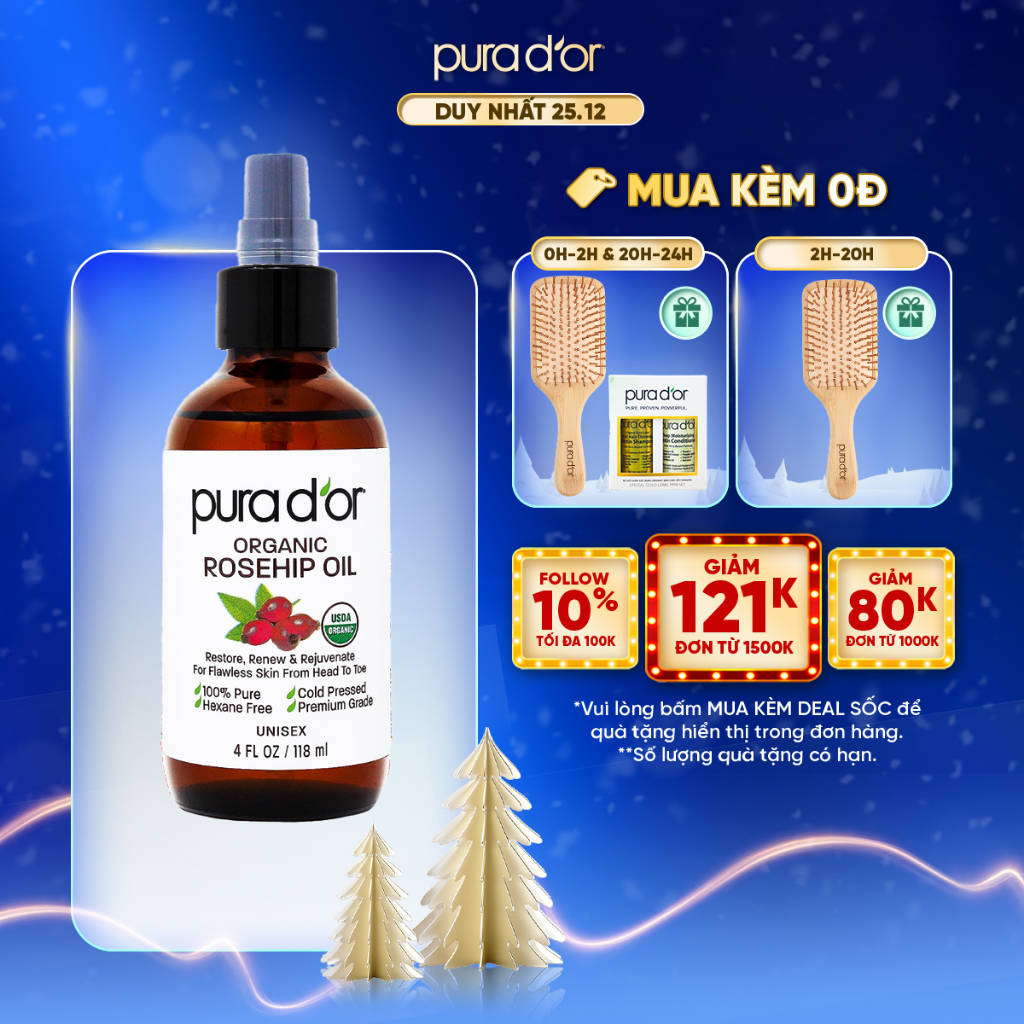 Dầu Dưỡng Hạt Tầm Xuân Rosehip Seed Oil 118ML Organic Mờ Rạn, Mờ Sẹo PURA DOR