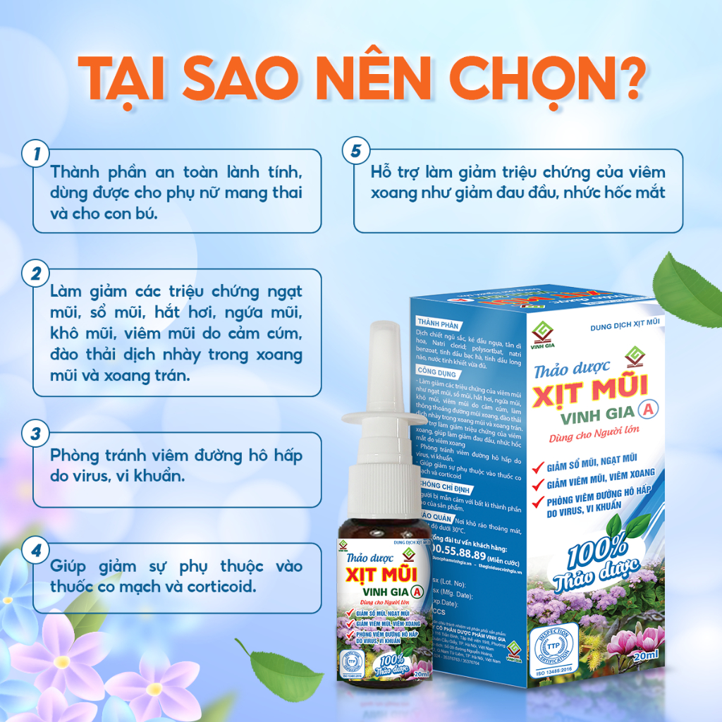 Thảo Dược Xịt Mũi VINH GIA A Giảm Viêm Mũi Viêm Xoang, Sổ Mũi, Phòng Ngừa Viêm Đường Hô Hấp Dùng Cho Người Lớn 20 ml