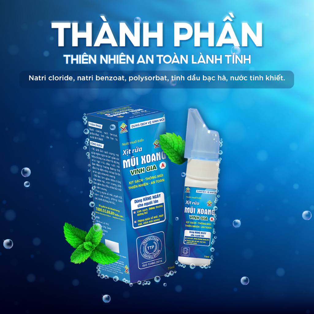 Xịt Rửa Mũi Xoang VINH GIA A Chứa Tinh Dầu Bạc Hà, Giúp Hơi Thở Thông Thoáng, Bảo Vệ Hô Hấp Dùng Cho Người Lớn - 75ml