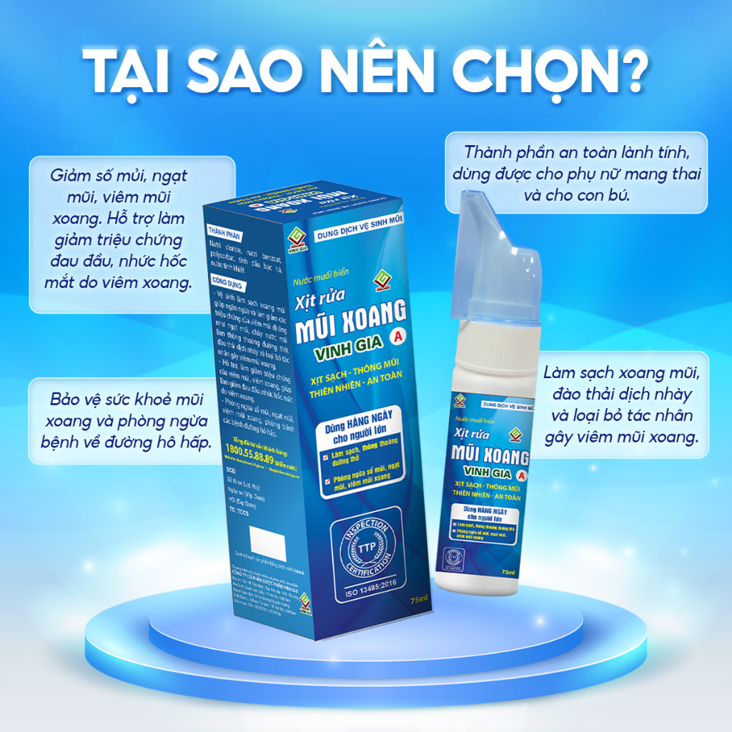 Xịt Rửa Mũi Xoang VINH GIA A Chứa Tinh Dầu Bạc Hà, Giúp Hơi Thở Thông Thoáng, Bảo Vệ Hô Hấp Dùng Cho Người Lớn - 75ml