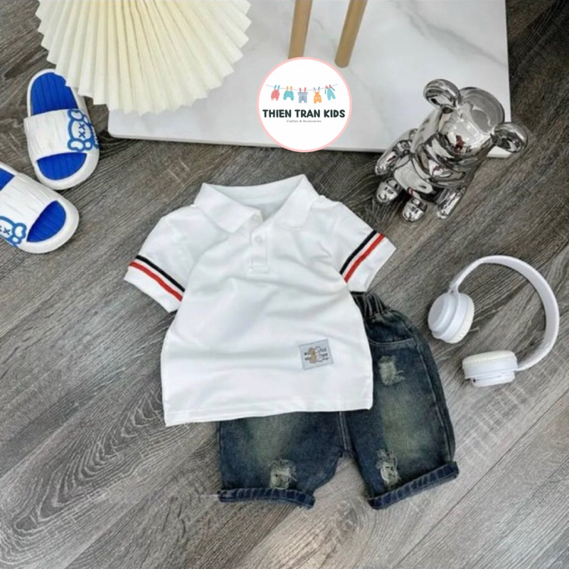 Set đồ bé trai, bộ cộc tay áo polo phối quần jean đùi phong cách cho bé 8-20kg