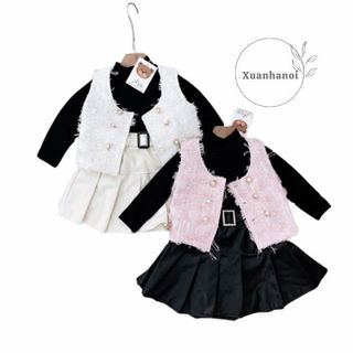 Set đồ bé gái_set bé gái 3ct gồm áo thun,áo gile dạ lông và chân váy da xếp ly 12-32kg xhn1499