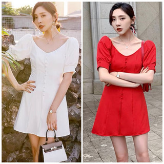 Đầm cổ v nút bọc 2 màu, váy dự tiệc, váy trễ vai xuongvnxk (kèm hình thật)