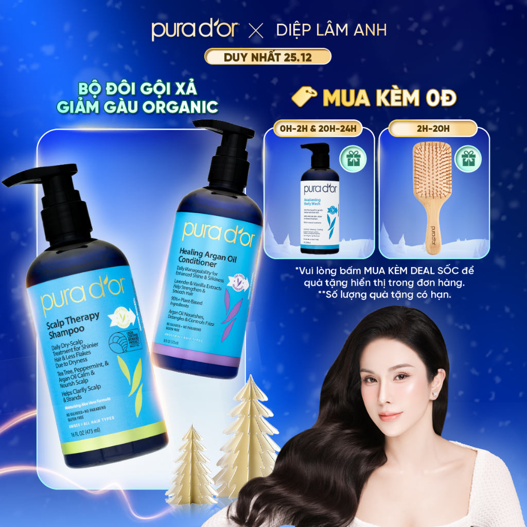 Combo Dầu Gội Dầu Xả PURA DOR Scalp Therapy & Healing Argan Oil 473ML Organic, Sạch Gàu